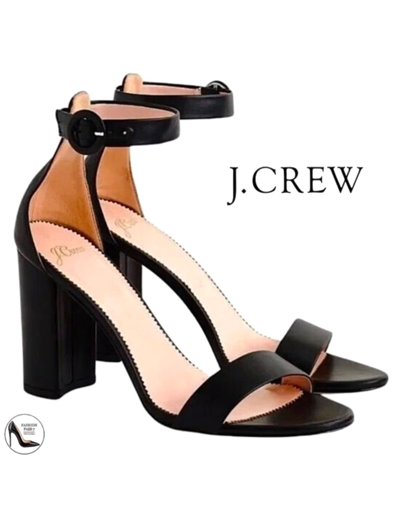 J.Crew Stella Black Leather Block Heels Ankle Strap Sandals High Heel Pumps 6.5